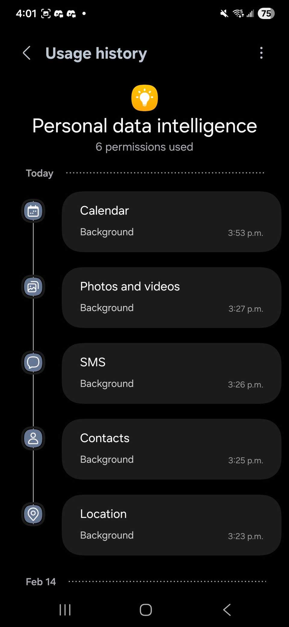 Autorizzazioni di accesso all'intelligence dei dati personali suddivise per categoria e orario su Samsung Galaxy S25+