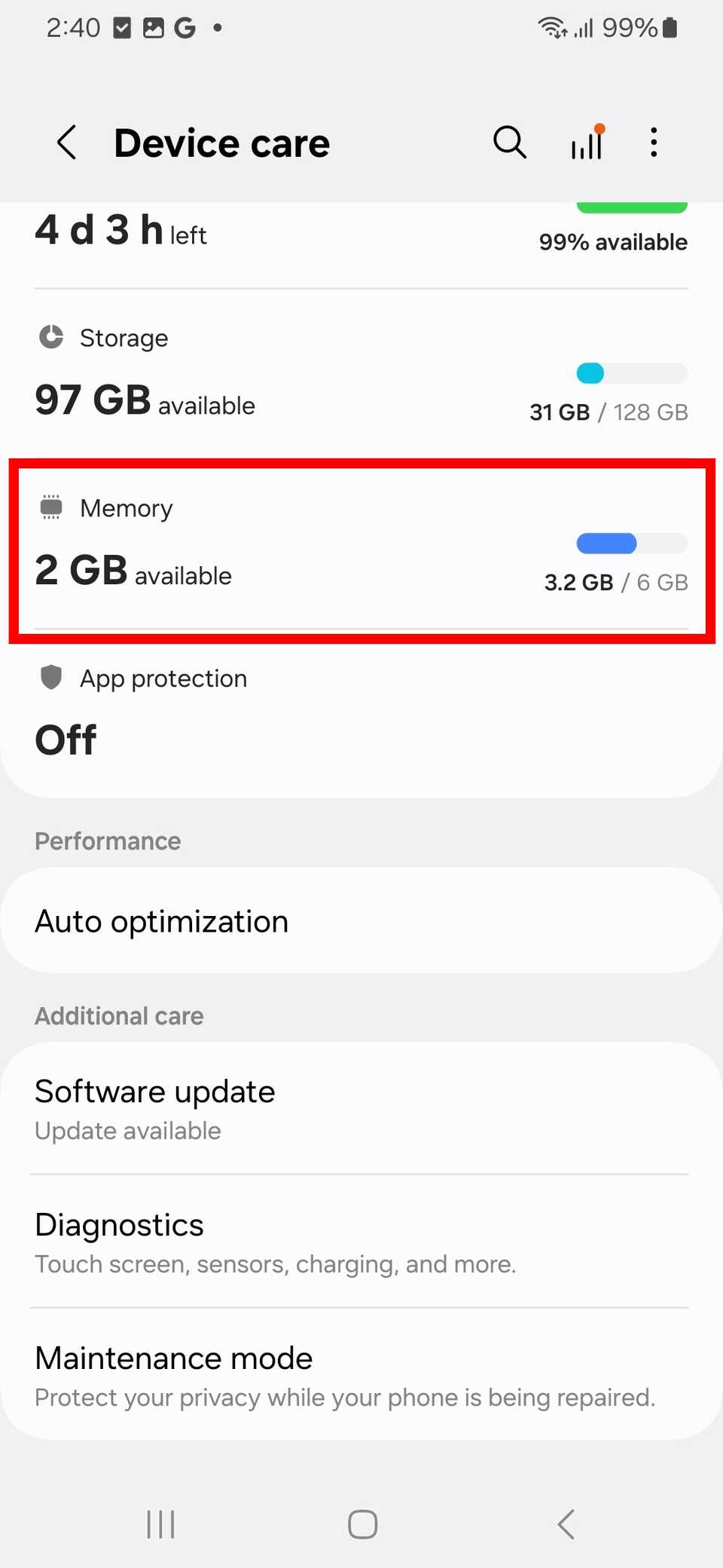 Contorno del rettangolo rosso Memoria nelle impostazioni di cura del dispositivo su un telefono Galaxy