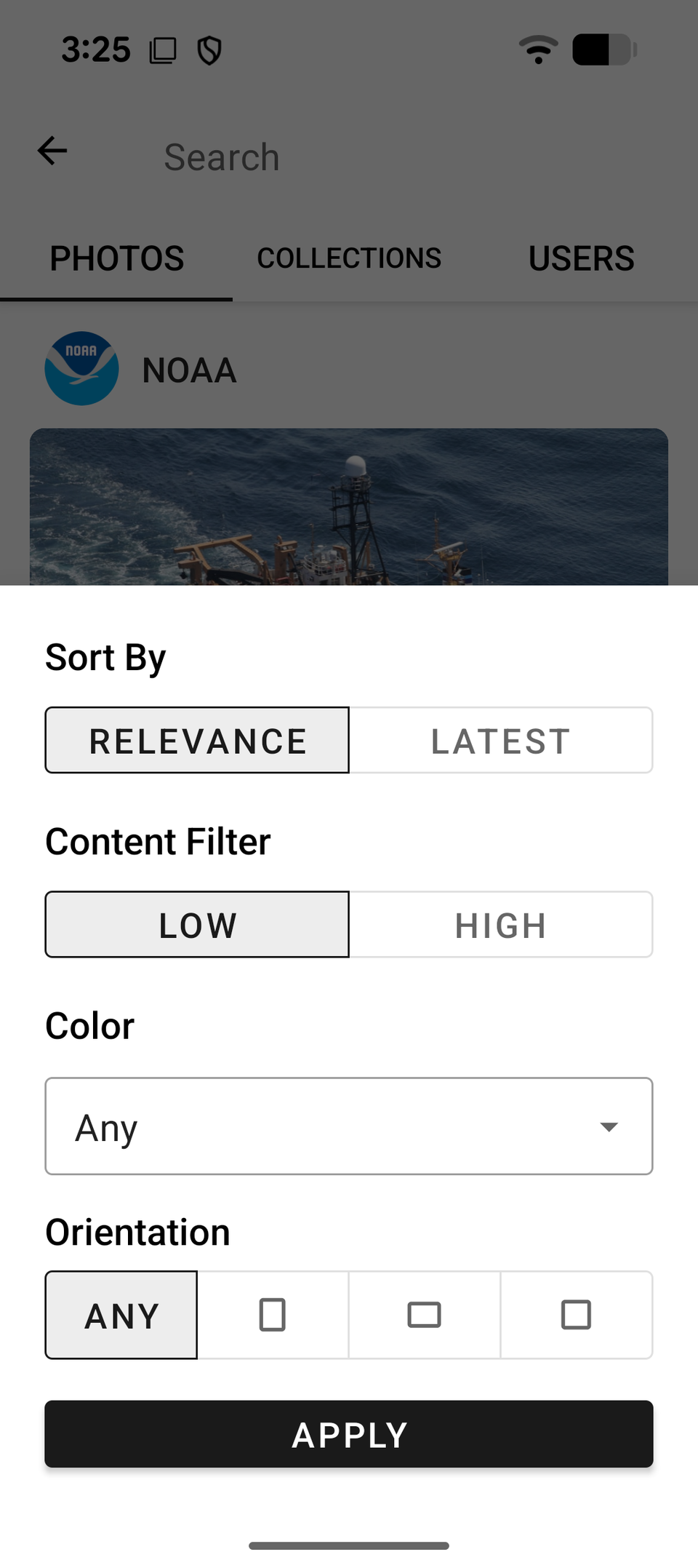 A screenshot from Resplash showing options for searching photos
