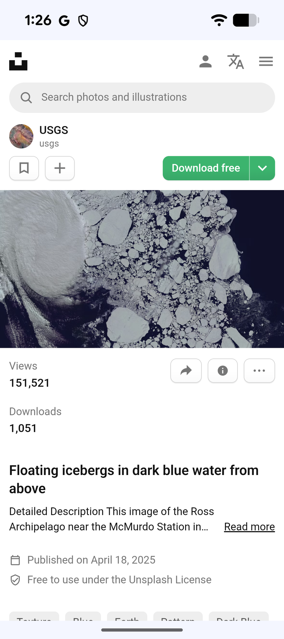 A screenshot from Resplash showing a photo of Antarctic ice and its specs