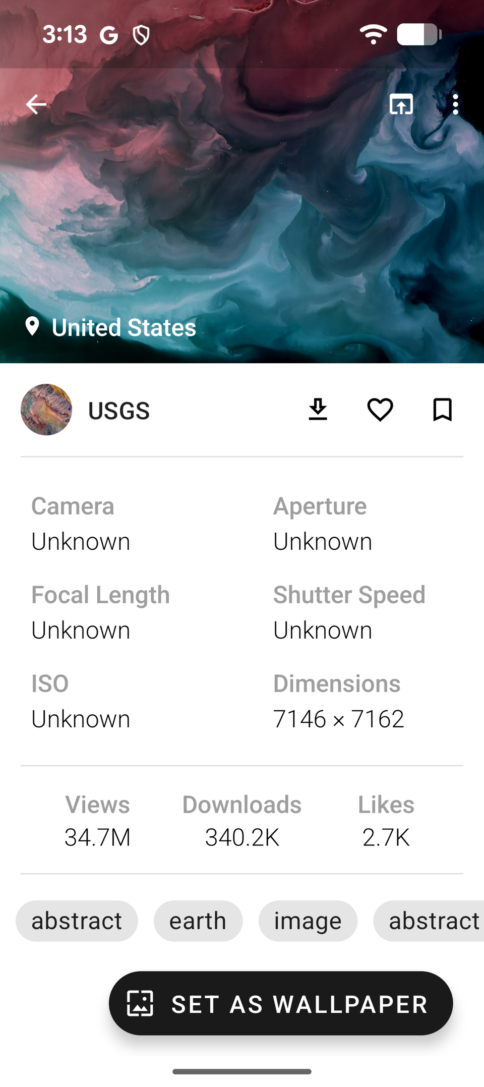 A screenshot from Resplash showing a smoky blue-and-red photo and its specs