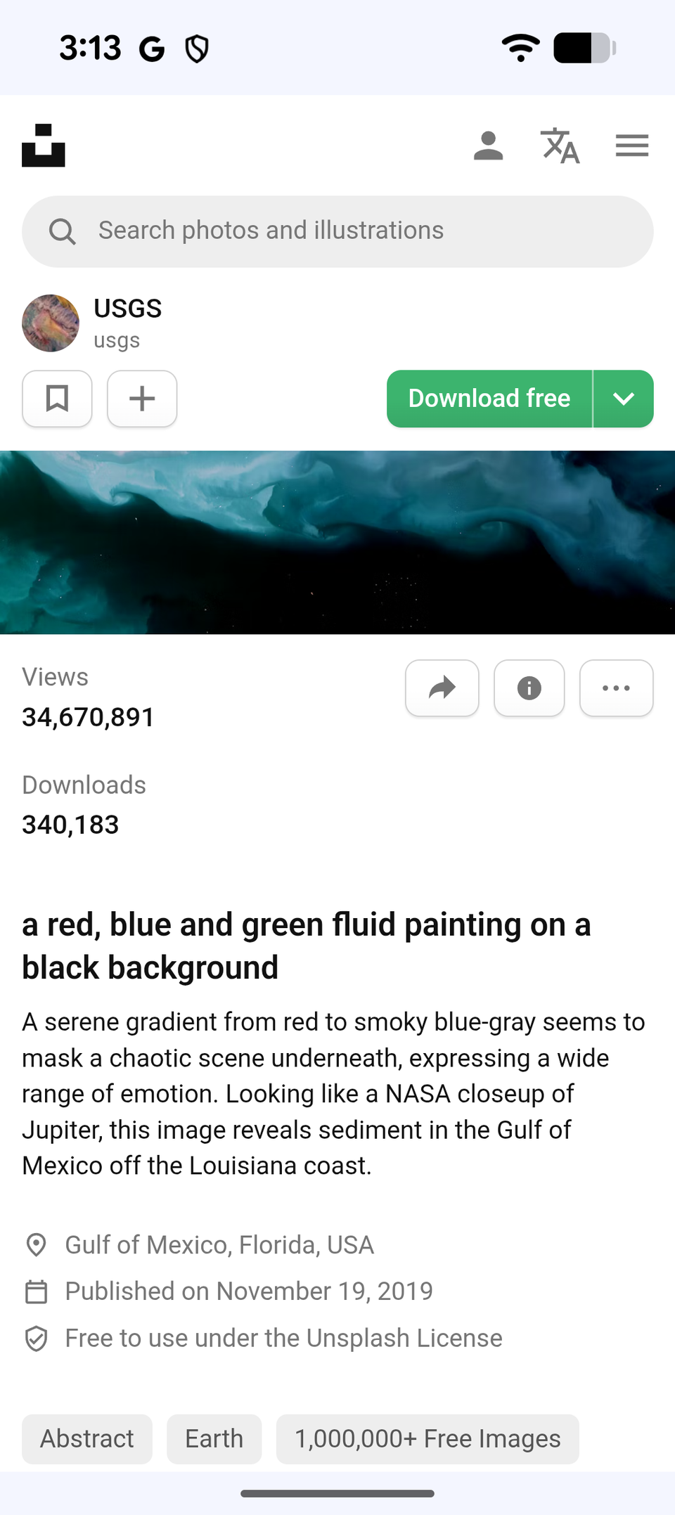 Uno screenshot di Unsplash che mostra le specifiche di una foto dell'USGS