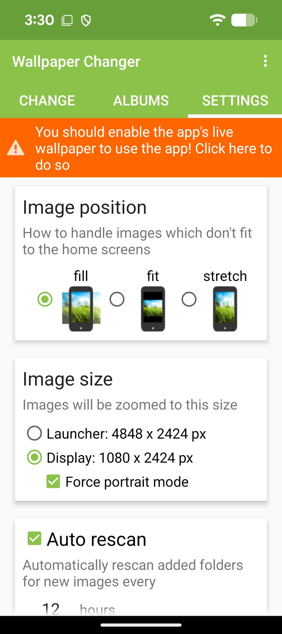 Uno screenshot dell'app Wallpaper Changer che mostra le opzioni di posizione e dimensione dell'immagine