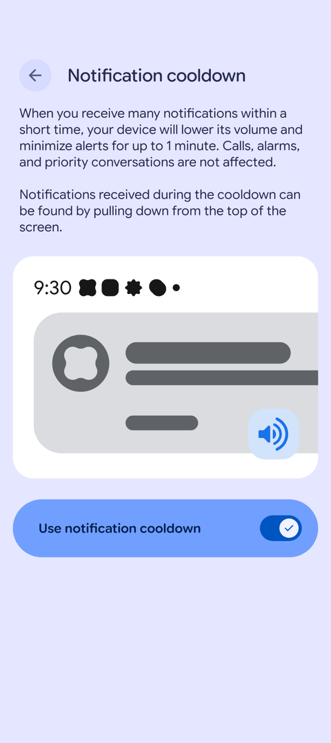 Uno screenshot che mostra l'attivazione/disattivazione del tempo di recupero delle notifiche di Android impostata su 