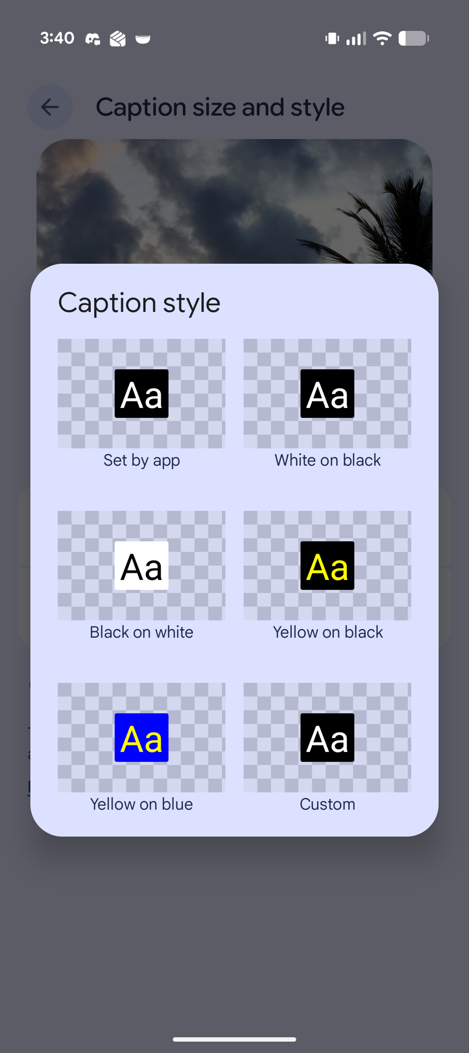 Uno screenshot che mostra le preimpostazioni di stile dei sottotitoli in tempo reale