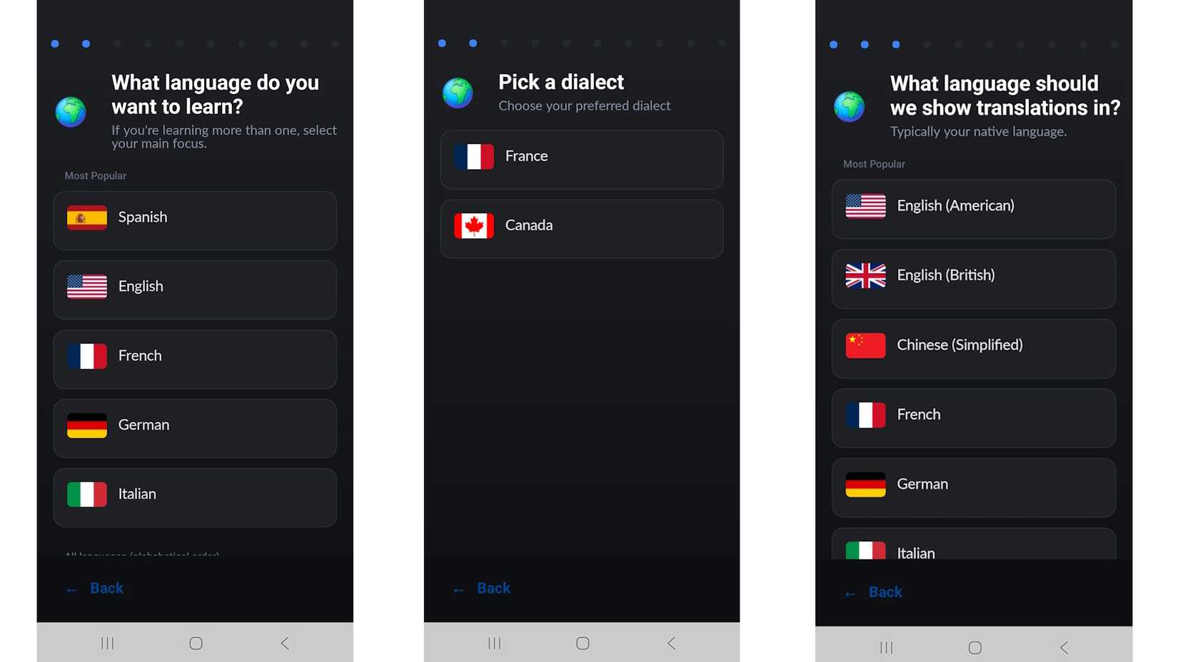 tre immagini affiancate su come personalizzare la tua esperienza sull'app languatalk per un nuovo utente