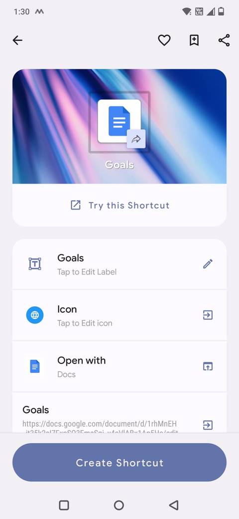 Screenshot che mostra come aggiungere una scorciatoia personalizzata utilizzando l'app Shortcut Maker