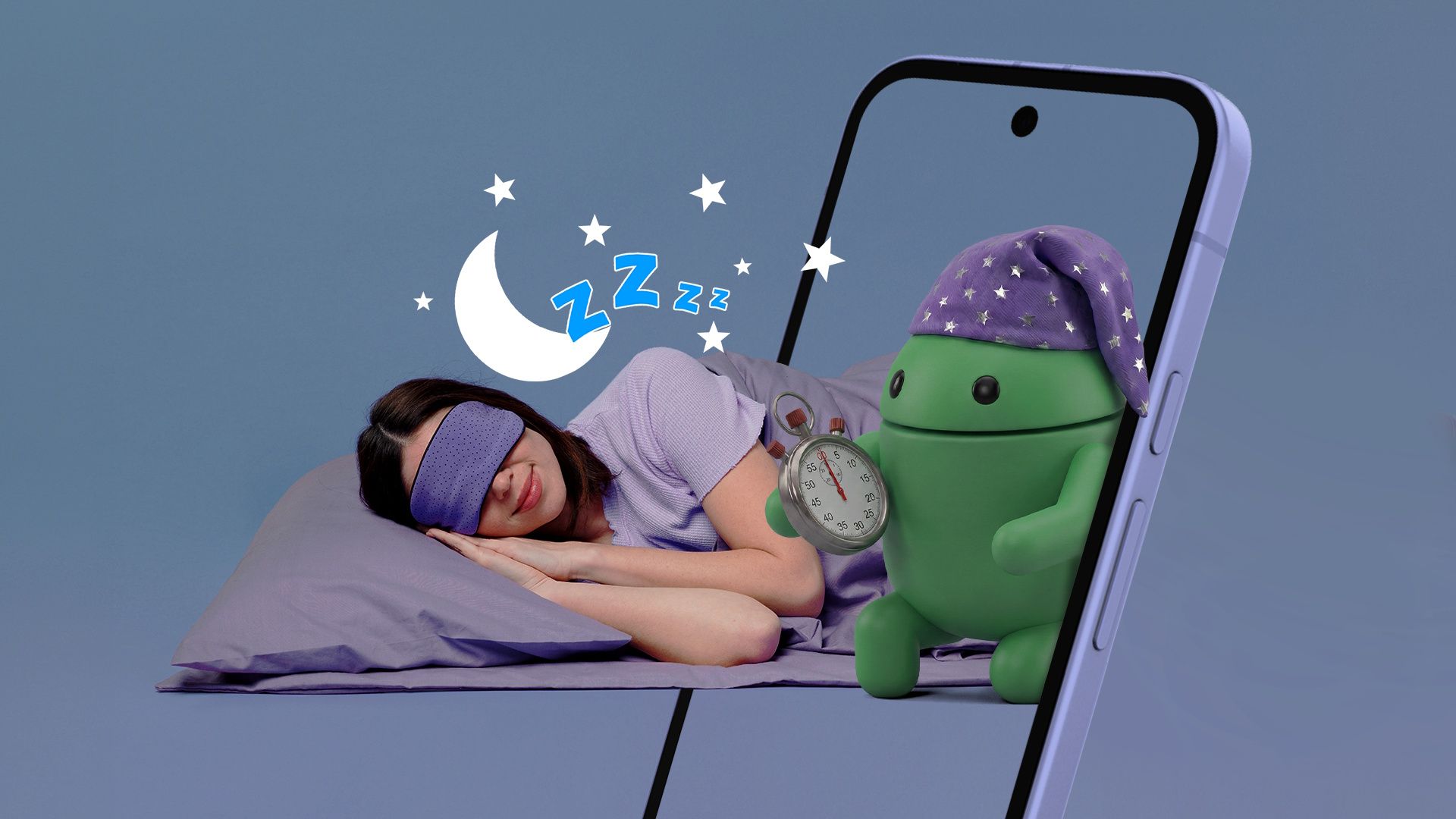 Mascotte Android che tiene un cronometro accanto a una donna addormentata, che appare dallo schermo di uno smartphone.
