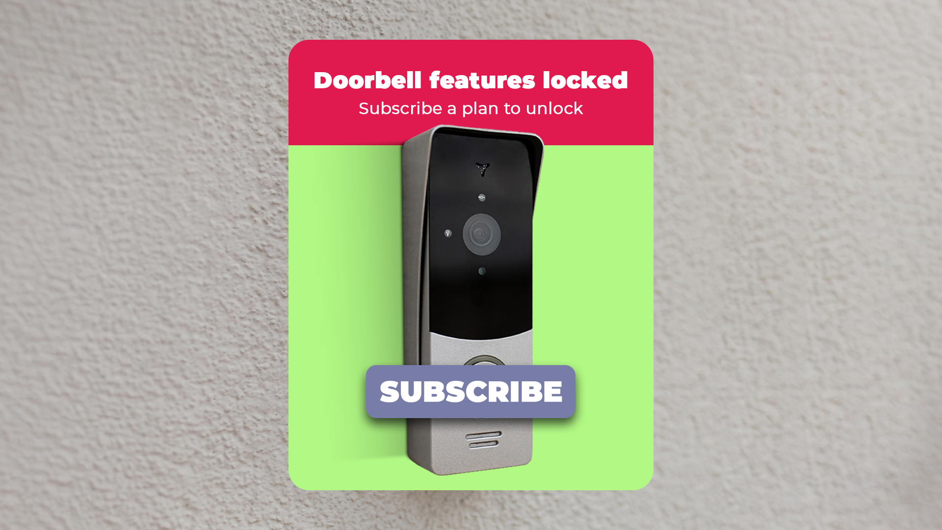 Smart doorbell on a wall with a 'Doorbell features locked' notification and a 'Subscribe' button overlay.
