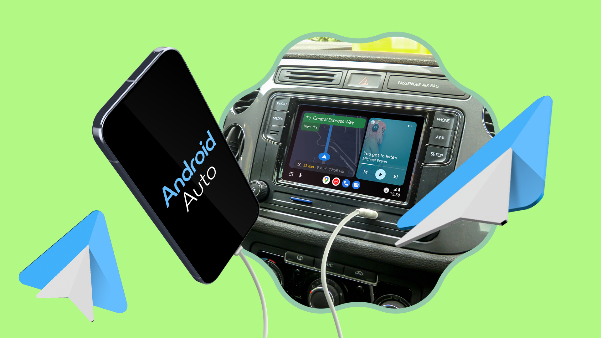 Smartphone connected by a white cable to a car dashboard running Android Auto.