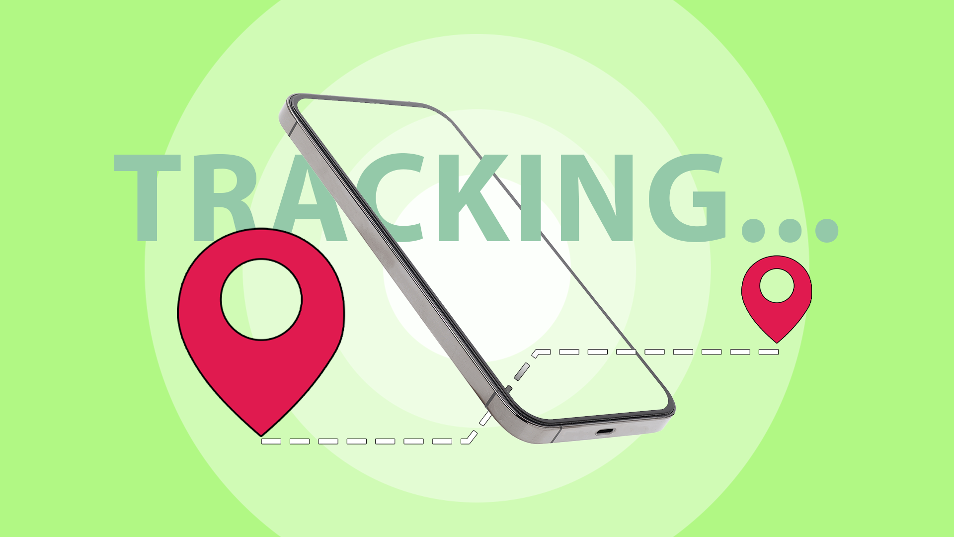Smartphone floating above a dotted route connecting two red location pins, with 'TRACKING...' text in the background.