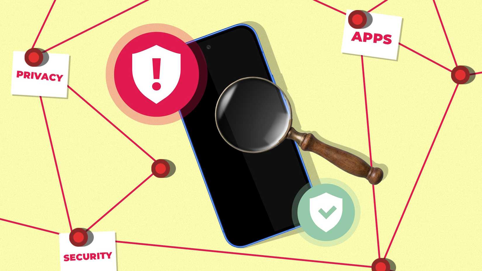 Smartphone sob uma lupa com linhas de rede conectando notas rotuladas como 'Privacidade', 'Aplicativos' e 'Segurança'