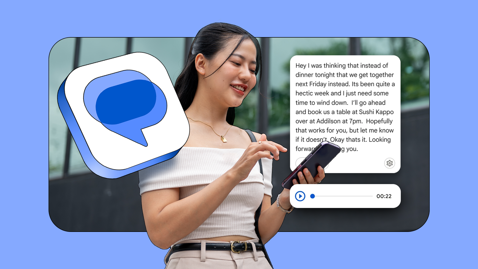 Smiling woman using her phone next to the Google Messages logo and the voice transcript feature.