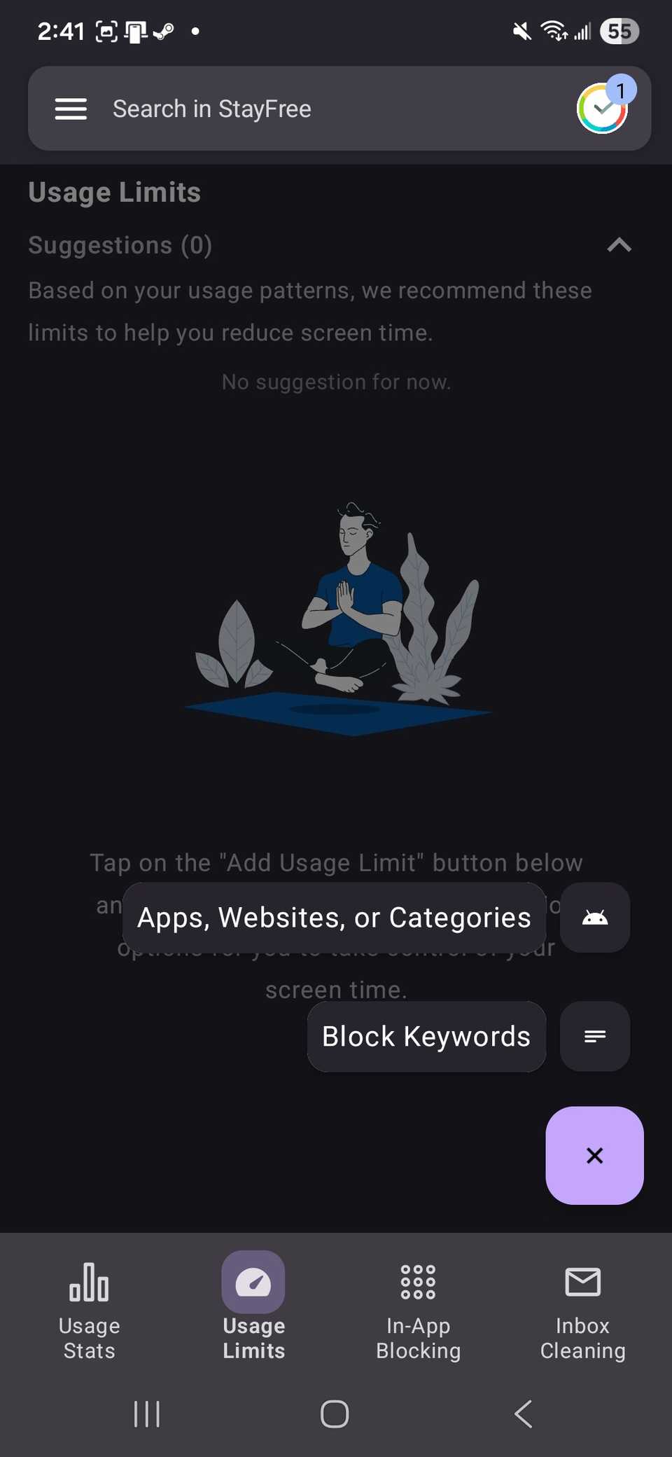 Visualizzazione della sezione Limiti di utilizzo StayFree "App, siti Web o categorie" E "Blocca parole chiave" opzioni nell'app StayFree