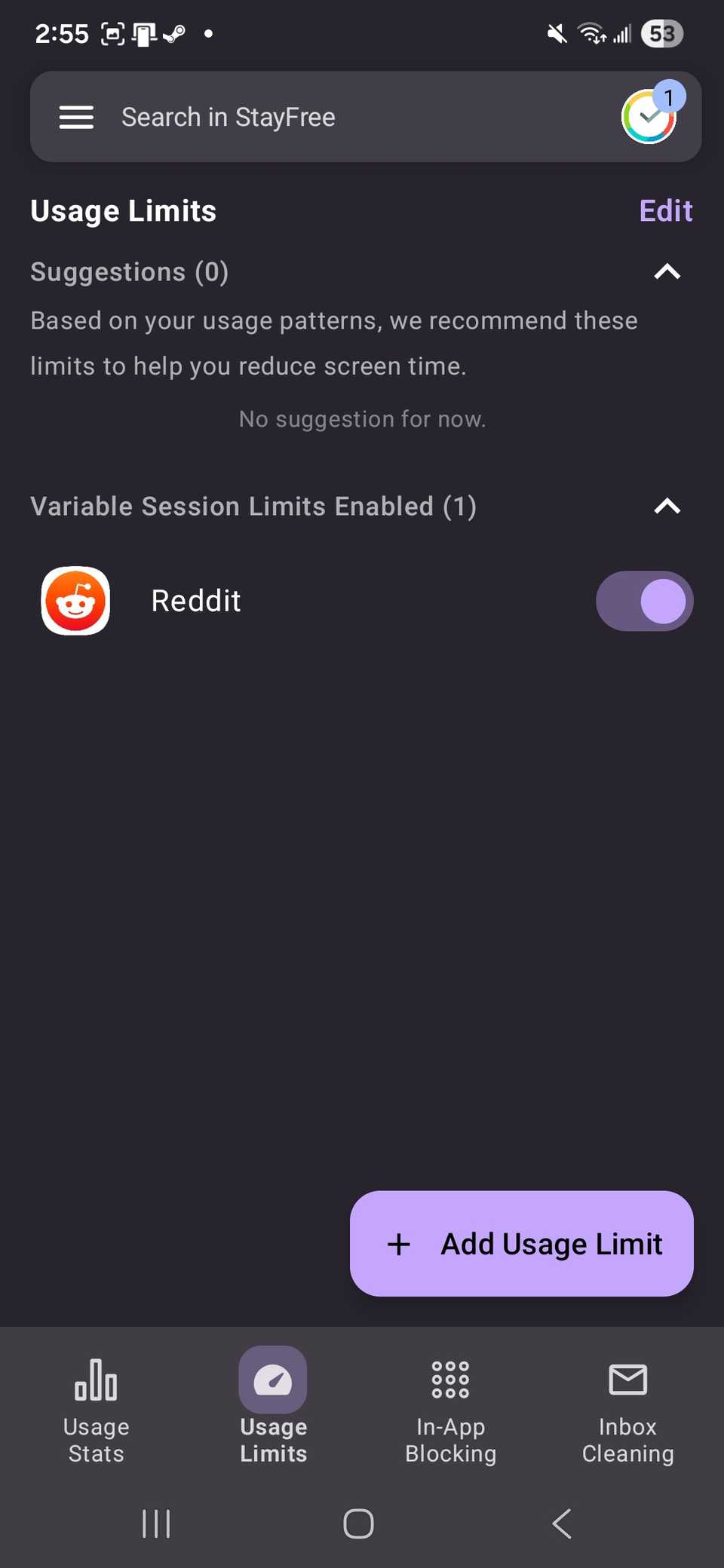 Aggiunta l'app Reddit alla sezione Limiti sessione variabili abilitati in Limiti di utilizzo dell'app StayFree