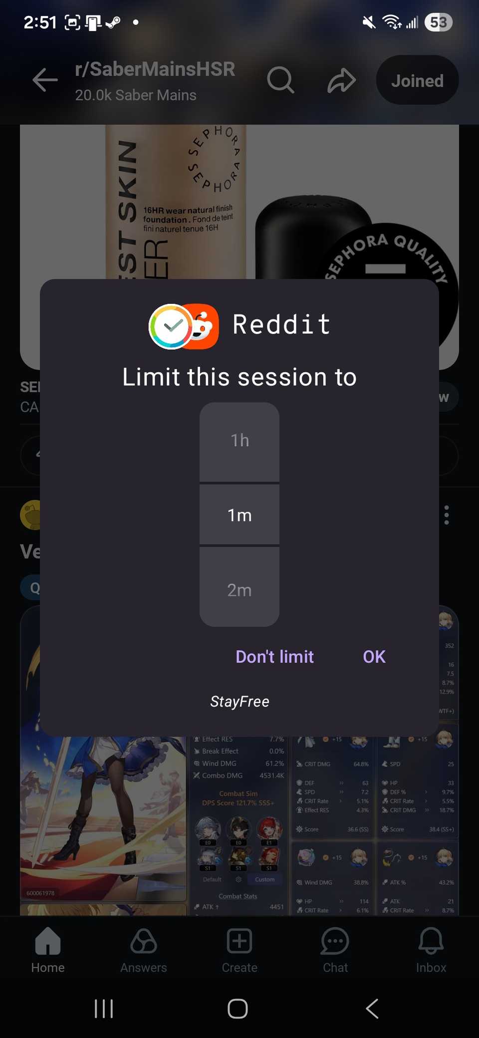 Selezione del tempo per limitare questa sessione a Reddit con l'app StayFree