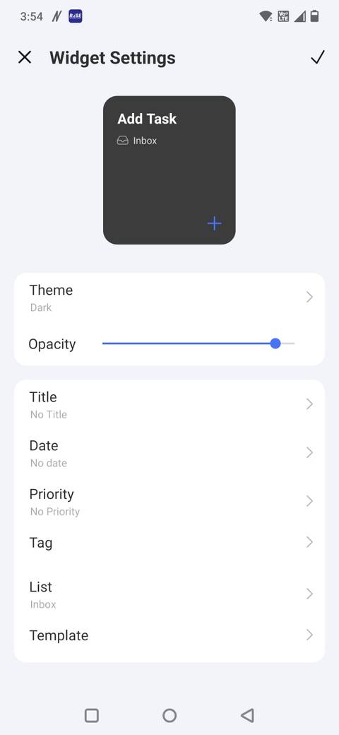 Screenshot che mostra le opzioni di personalizzazione per il widget TickTick