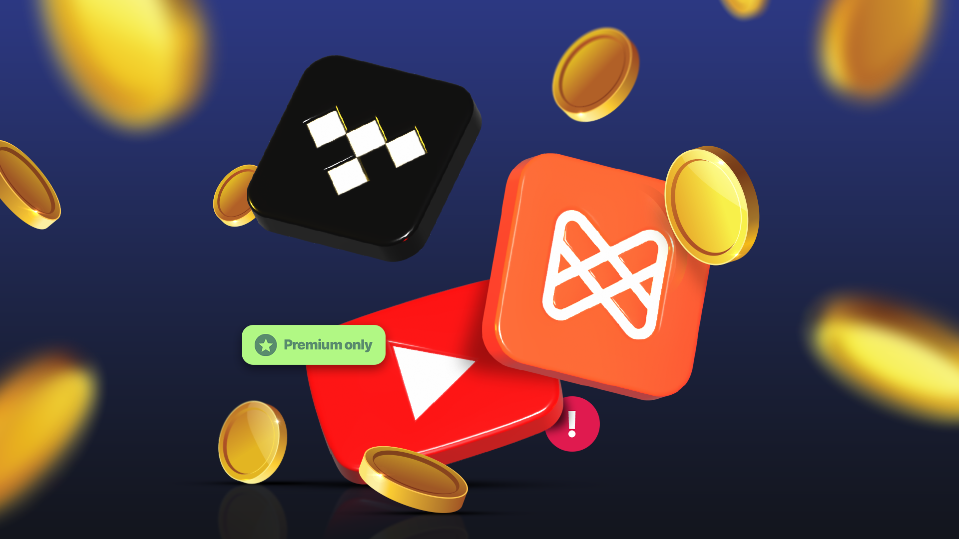 Ícones do Tidal, Musixmatch e YouTube flutuando entre moedas de ouro que caem, com uma etiqueta 'Somente Premium' no logotipo do YouTube.