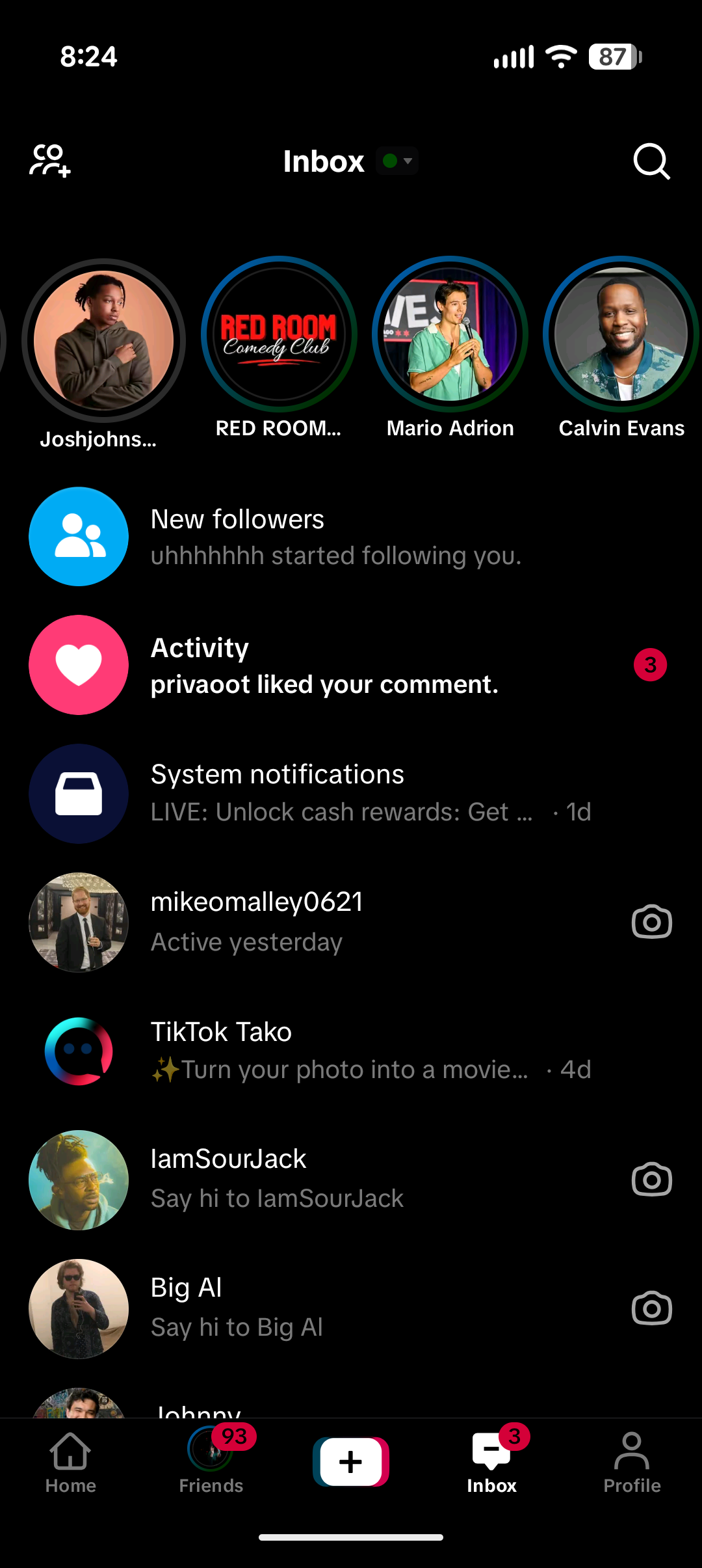 The notifications interface in TikTok with Dark theme expanded 