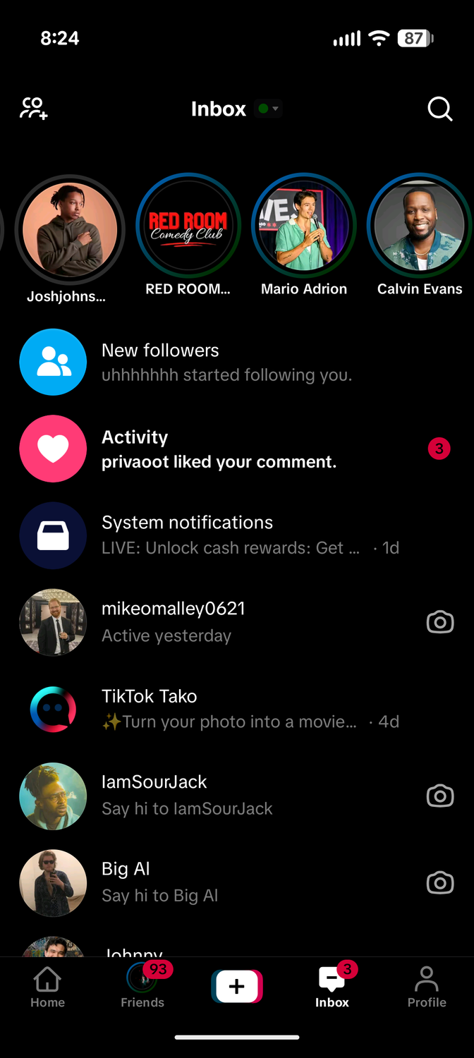 The notifications interface in TikTok with Dark theme expanded