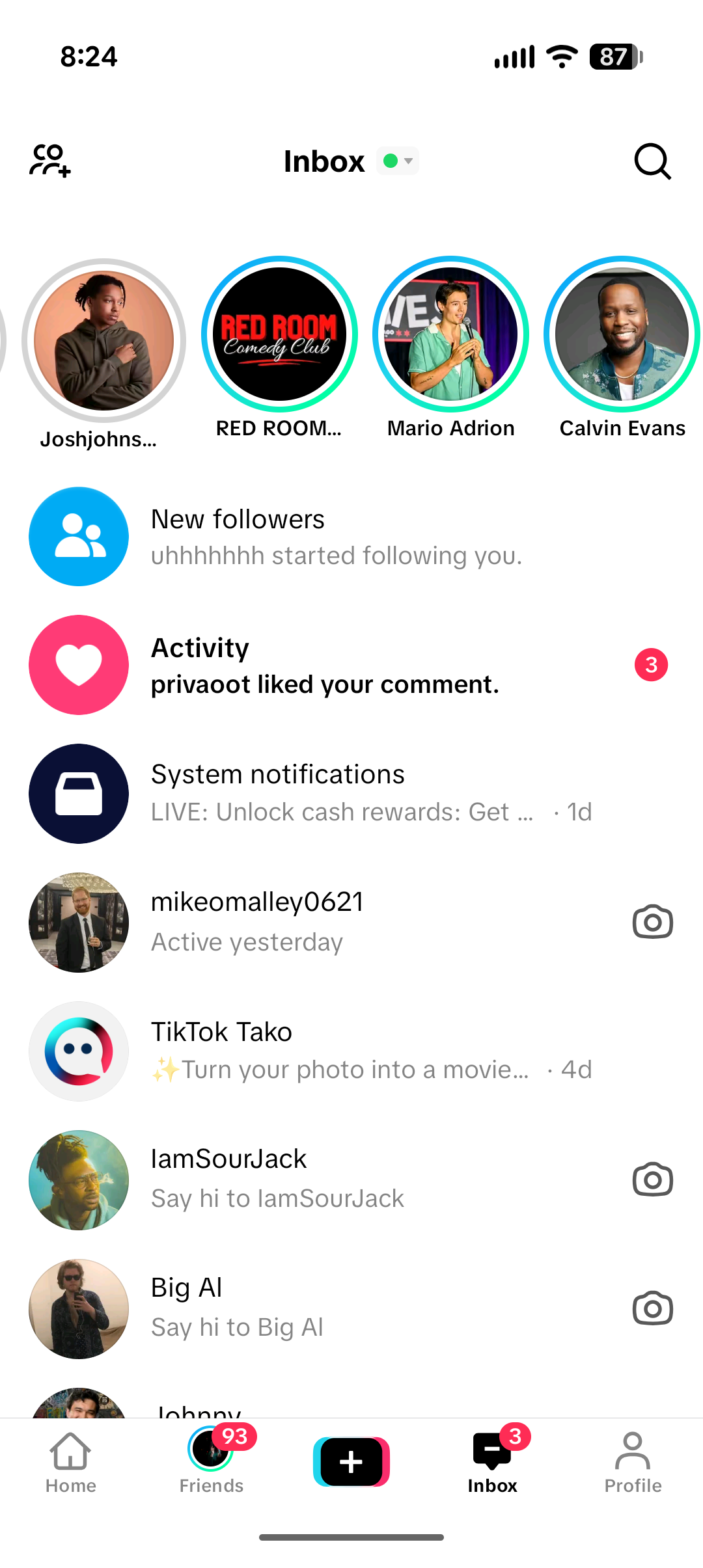 The notifications interface in TikTok