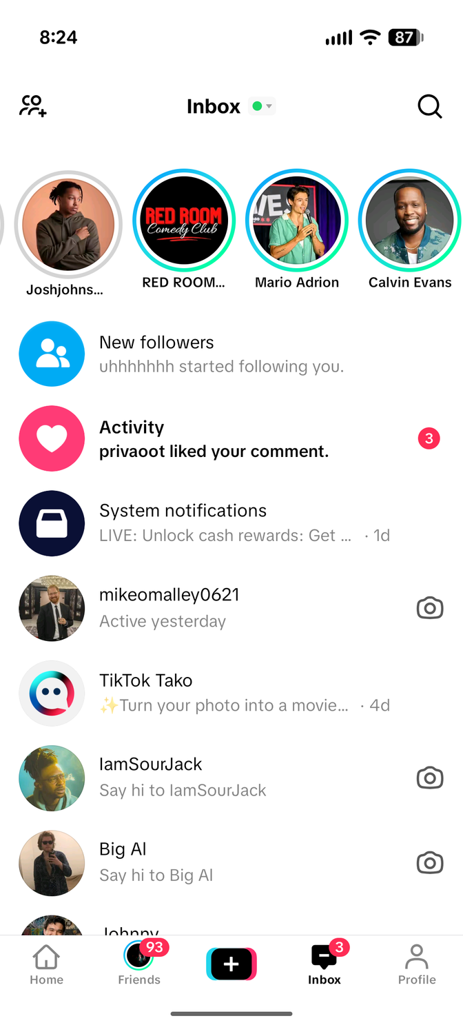 The notifications interface in TikTok