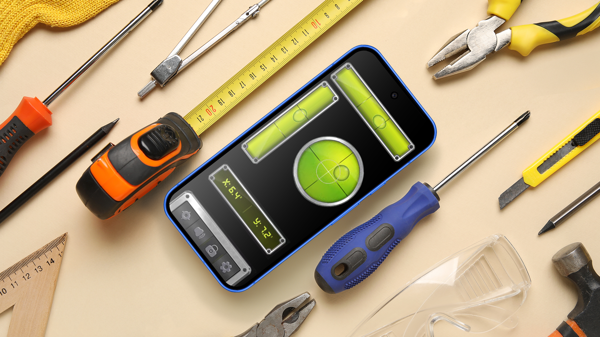 Top-down view of a smartphone displaying a bubble level app, surrounded by traditional hand tools like pliers, a measuring tape, and screwdrivers.