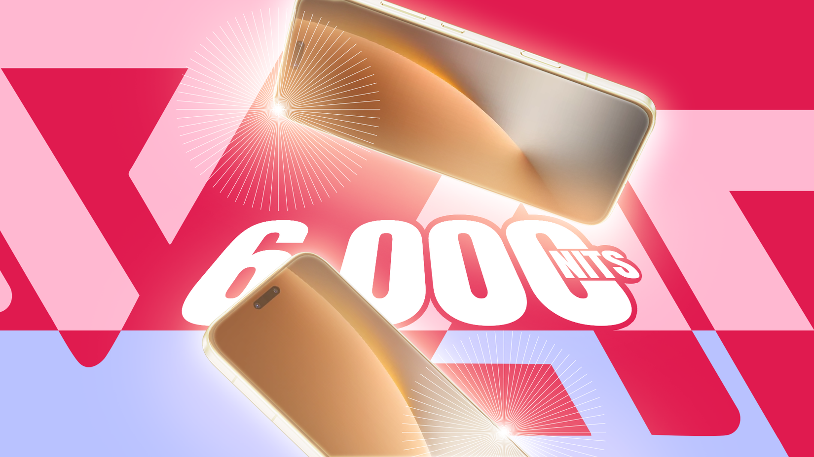 Due smartphone luminosi fluttuanti su uno sfondo geometrico rosa e blu con il grande testo 