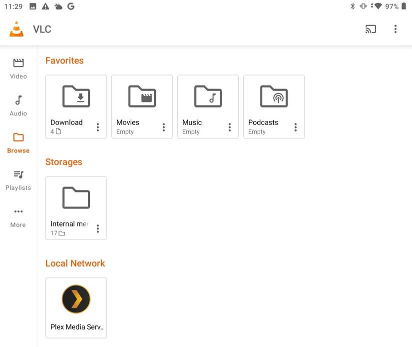 VLC para Android mostrando o servidor Plex DLNA disponível.