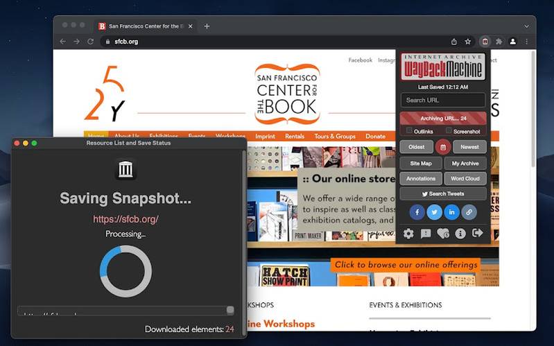 sito Web con sovrapposizione dell'estensione Wayback Machine
