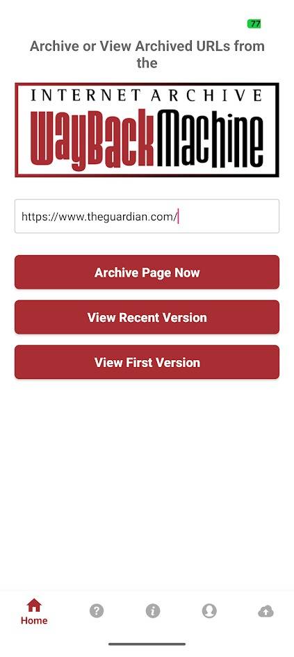 Schermata iniziale dell'app Wayback Machine