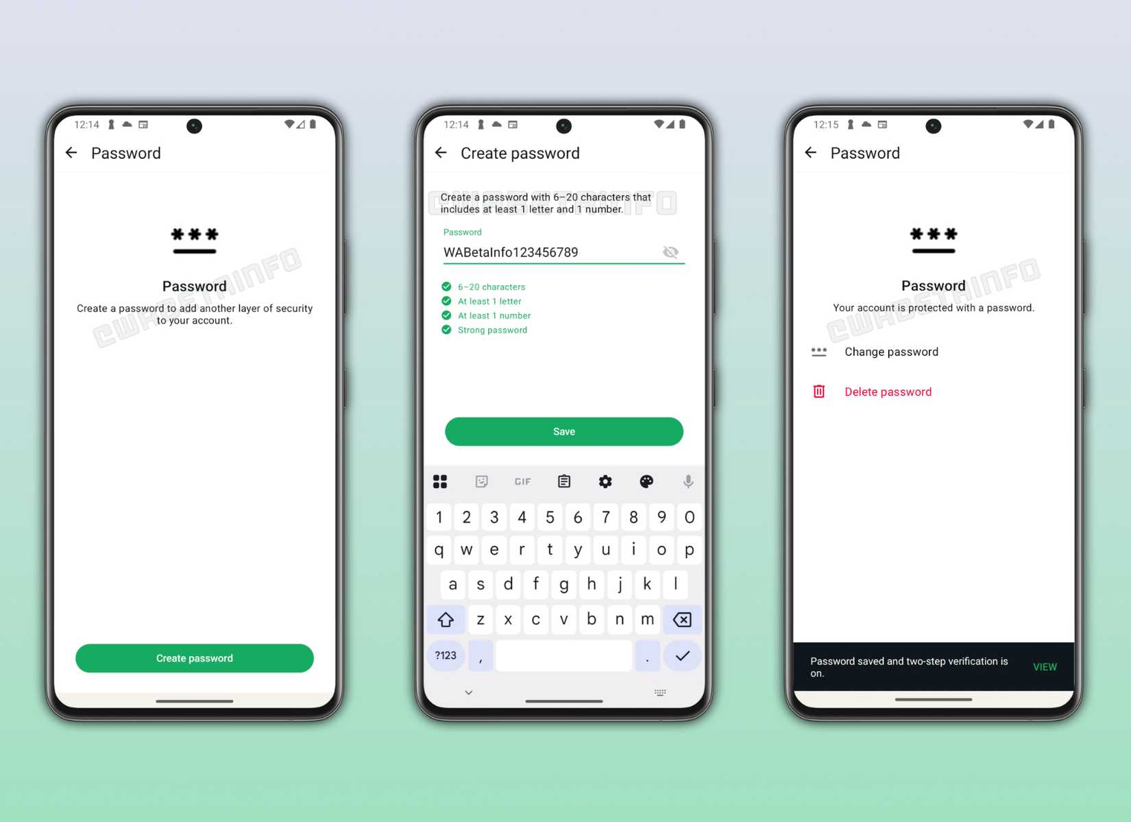 Schermate che evidenziano il prossimo supporto password di WhatsApp.