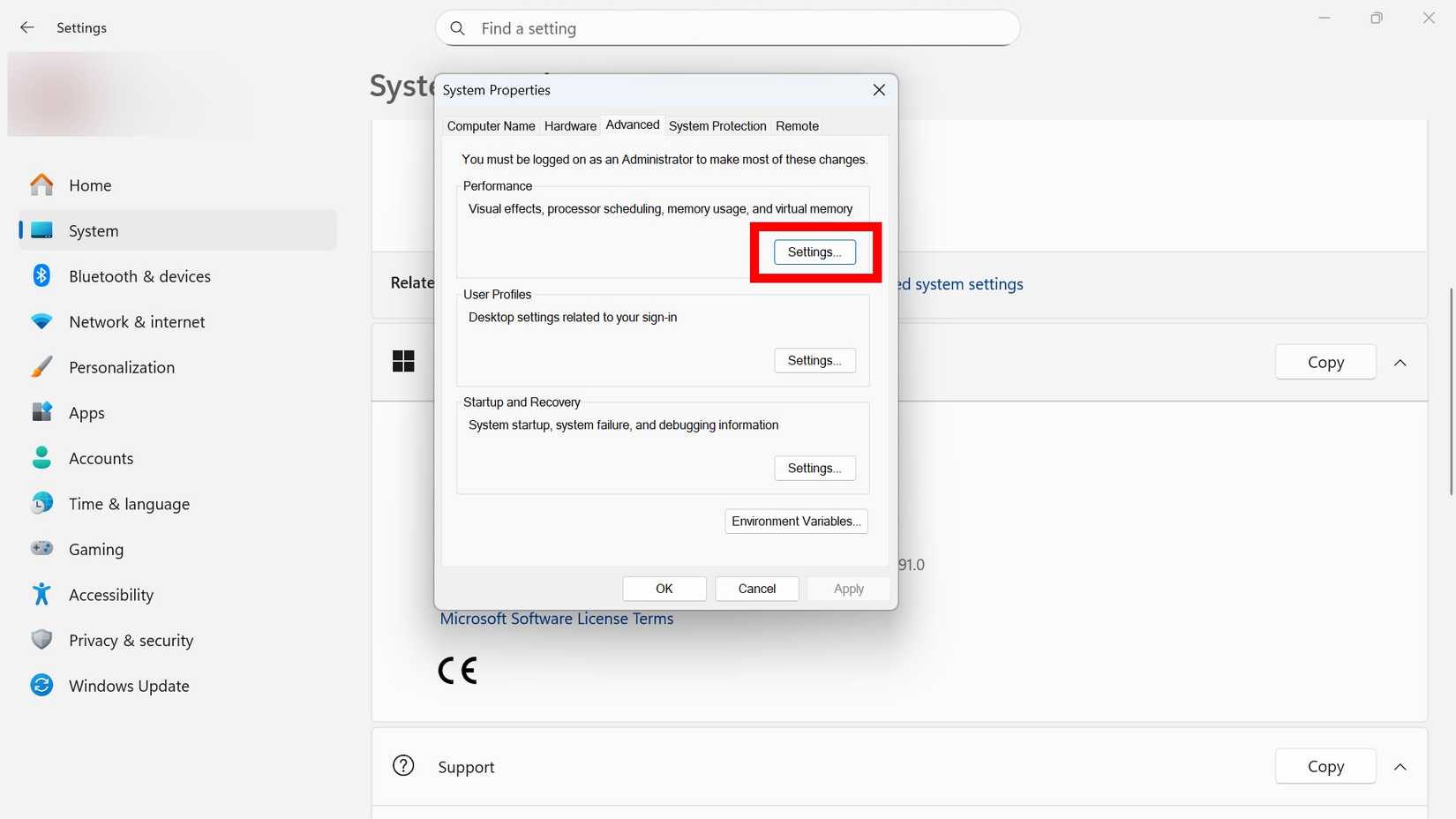 Contorno de retângulo vermelho destacando a seção Configurações nas propriedades do sistema na guia Avançado no Windows 11