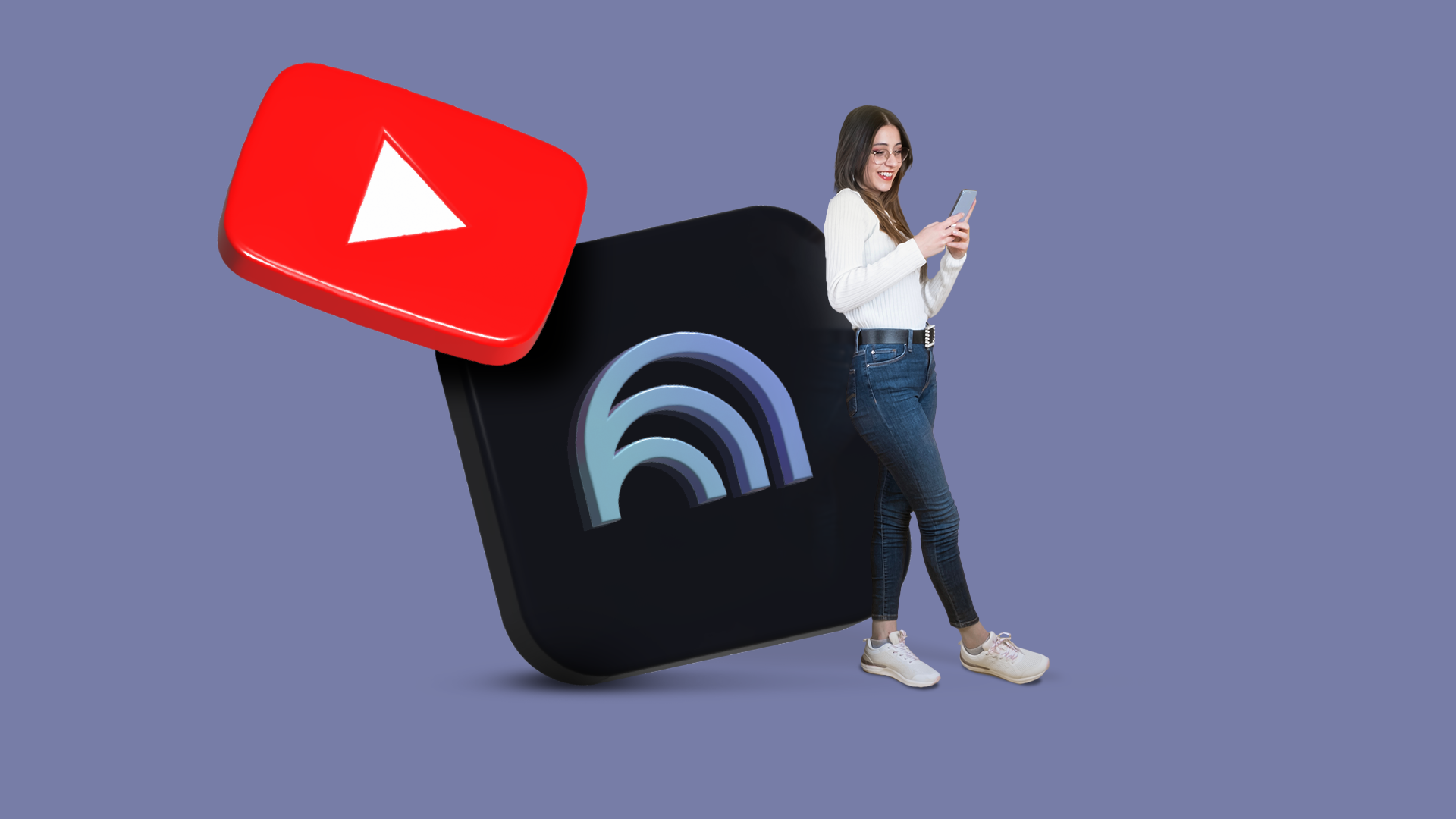 Woman using her phone next to a large 3D YouTube logo and a NotebookLM app icon.