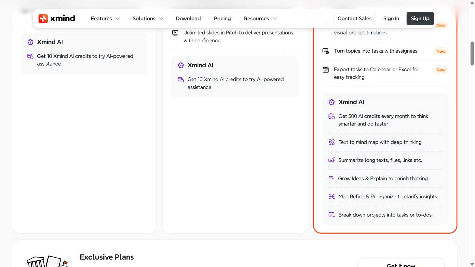 Mostrando os créditos do Xmind AI nos três planos do Xmind