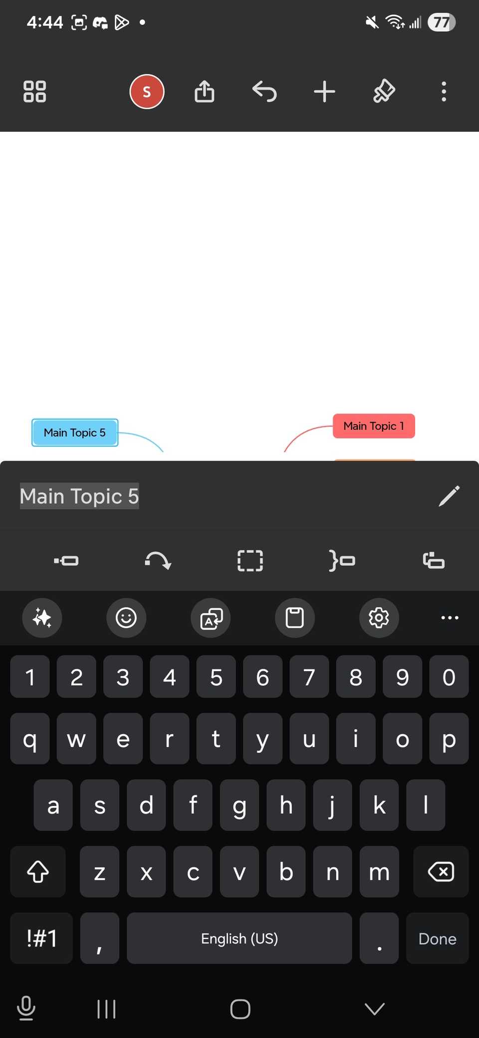 Strumenti di modifica per un argomento principale di una mappa mentale sull'app Xmind su Android