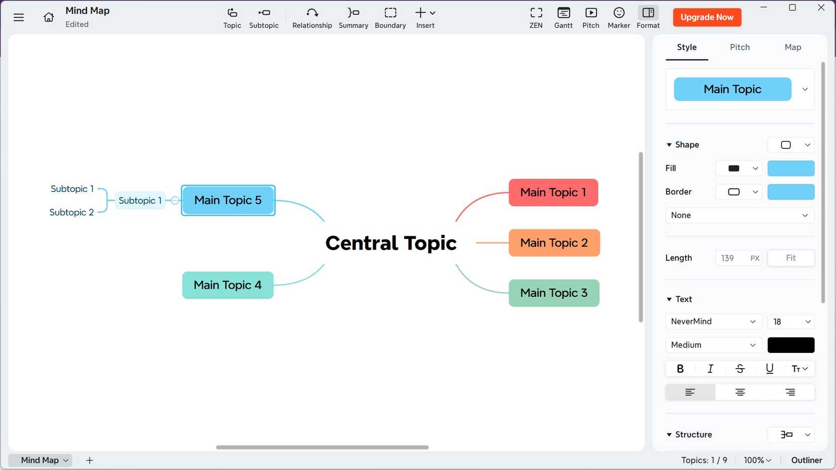 Opções de personalização em um plano gratuito no aplicativo de desktop Xmind