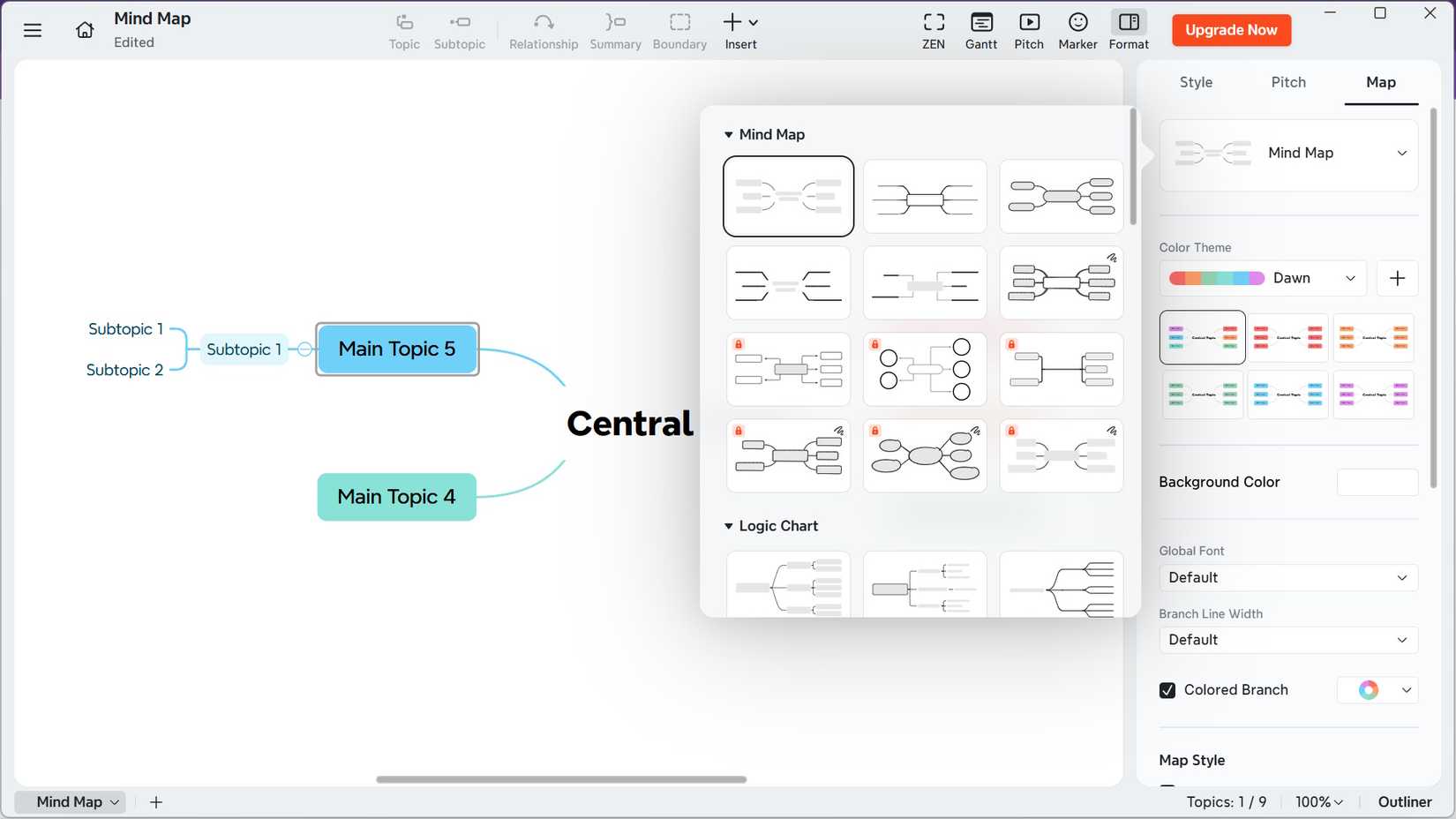 Escolhendo um novo estilo de mapa mental Xmind como usuário gratuito
