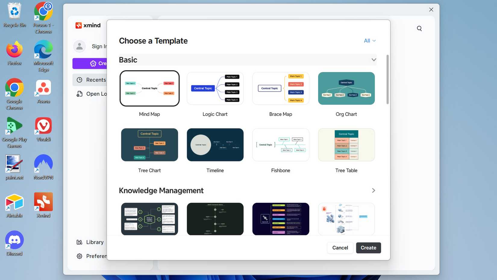 Uma lista de modelos selecionáveis para Xmind mostrando opções básicas
