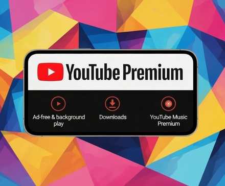 An illustration of a phone with YouTube Premium features on the display against a multicolor background