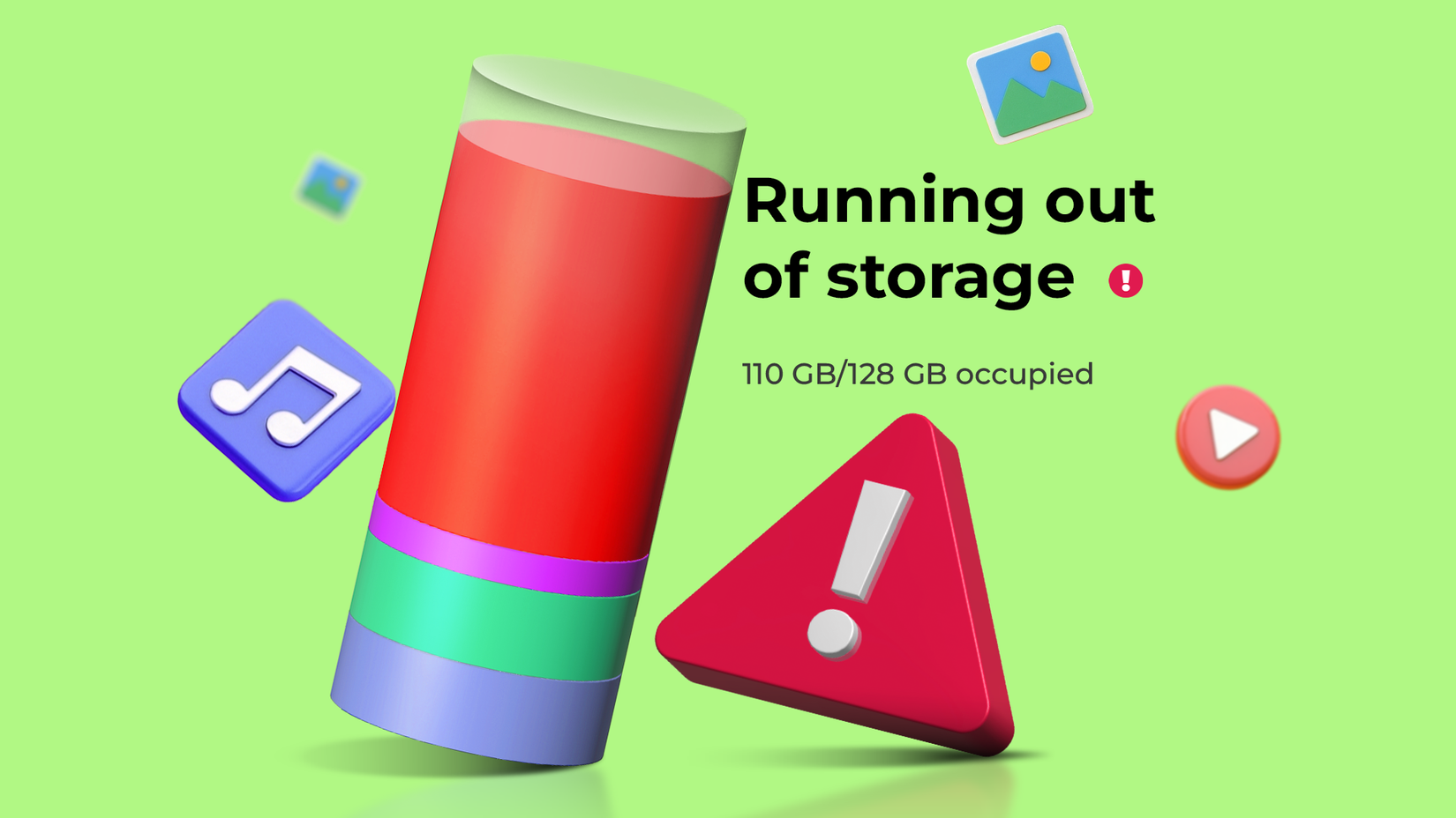 3D graphic of a nearly full storage cylinder, floating media icons, and a red warning triangle with 'Running out of storage' text.