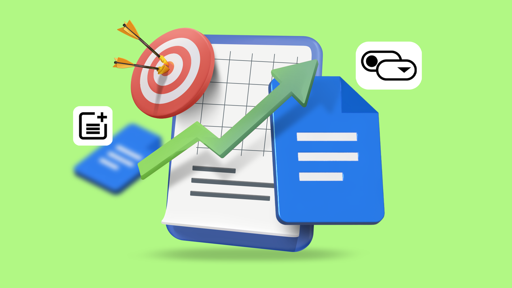 Ilustração 3D de um ícone do Google Docs com uma seta verde para cima e um alvo em um fundo verde