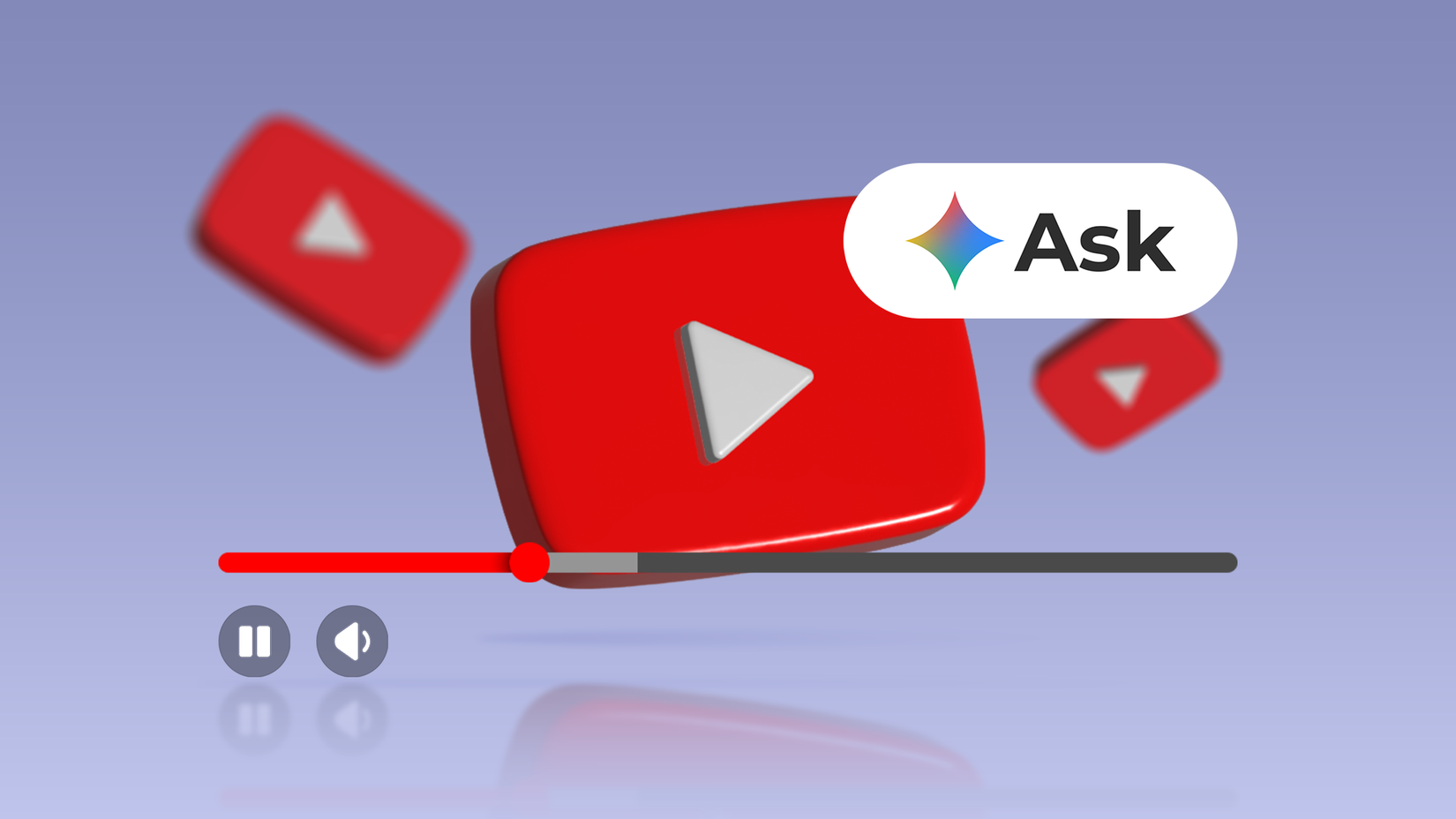Logotipo 3D do YouTube com o botão Gemini Ask