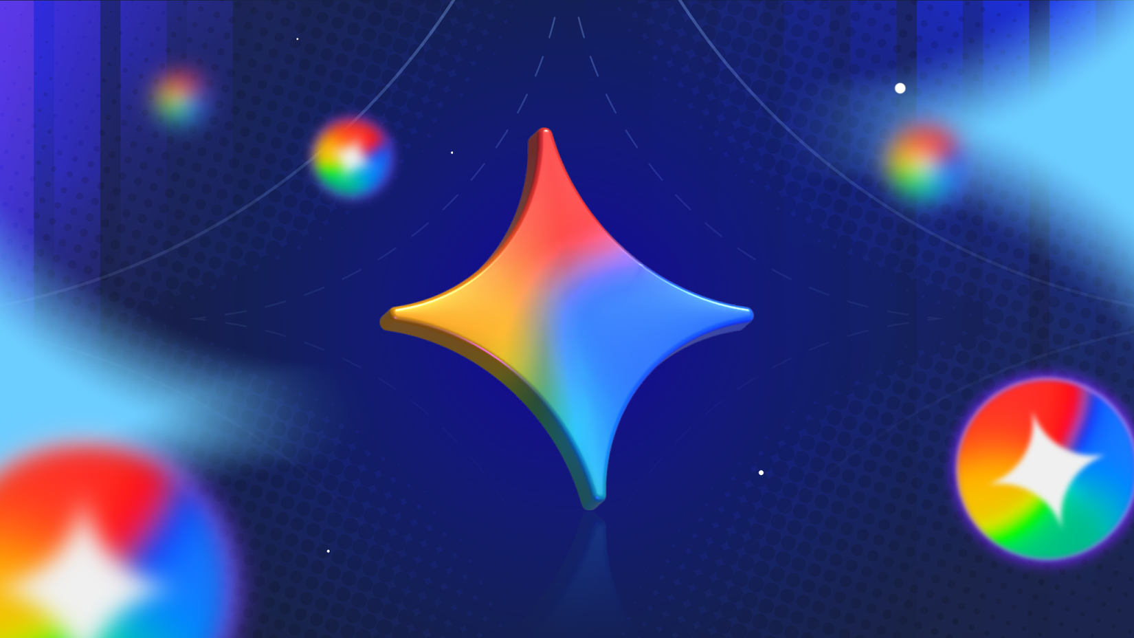 A 3D colorful Google Gemini logo centered on a dark blue background.