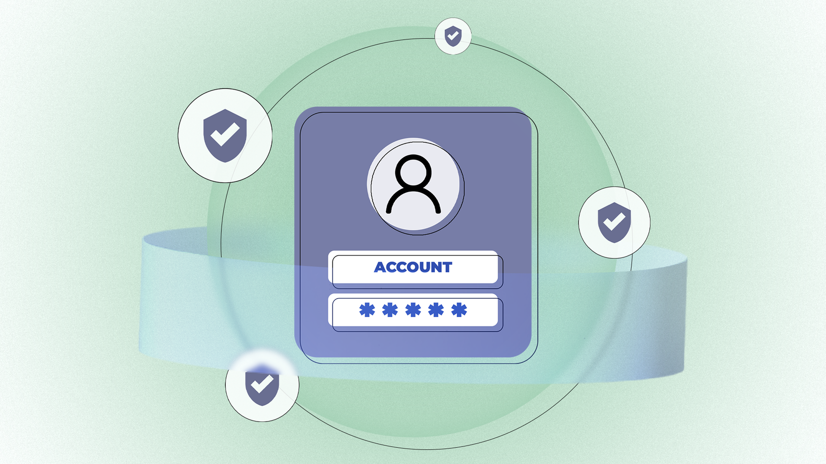 A digital account login window surrounded by floating security shield icons on a light green background