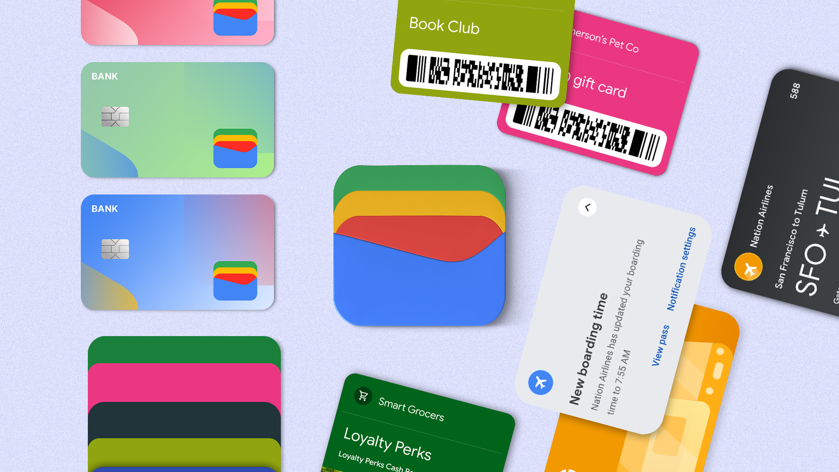Um logotipo da Google Wallet cercado por cartões bancários digitais, cartões de fidelidade e uma notificação de cartão de embarque em um fundo roxo claro