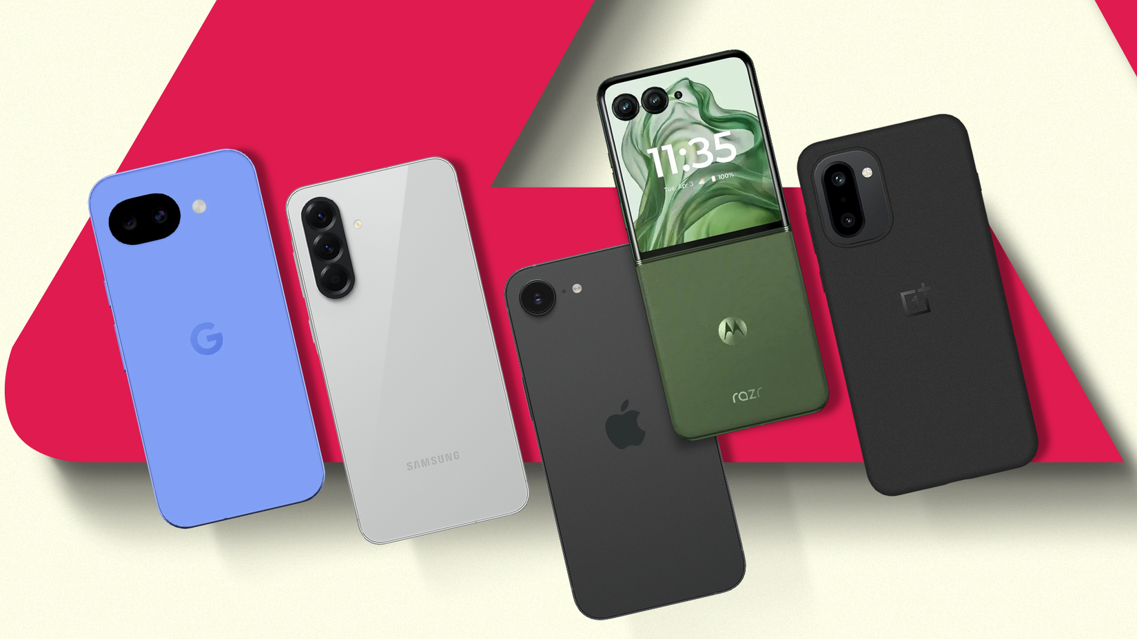 A group of five smartphones, including the Pixel 10a, the Samsung Galaxy A56, the iPhone 17e, the Moto Razr 2025, and the OnePlus 15R, arranged on a red surface.