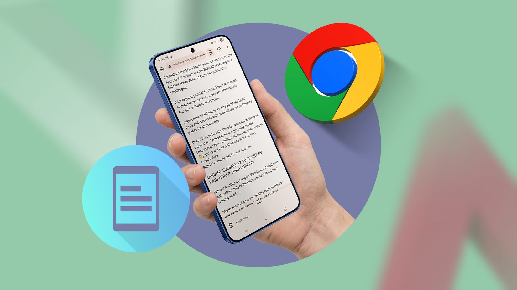 Uma mão segurando um smartphone mostrando o modo de leitura do Google Chrome.