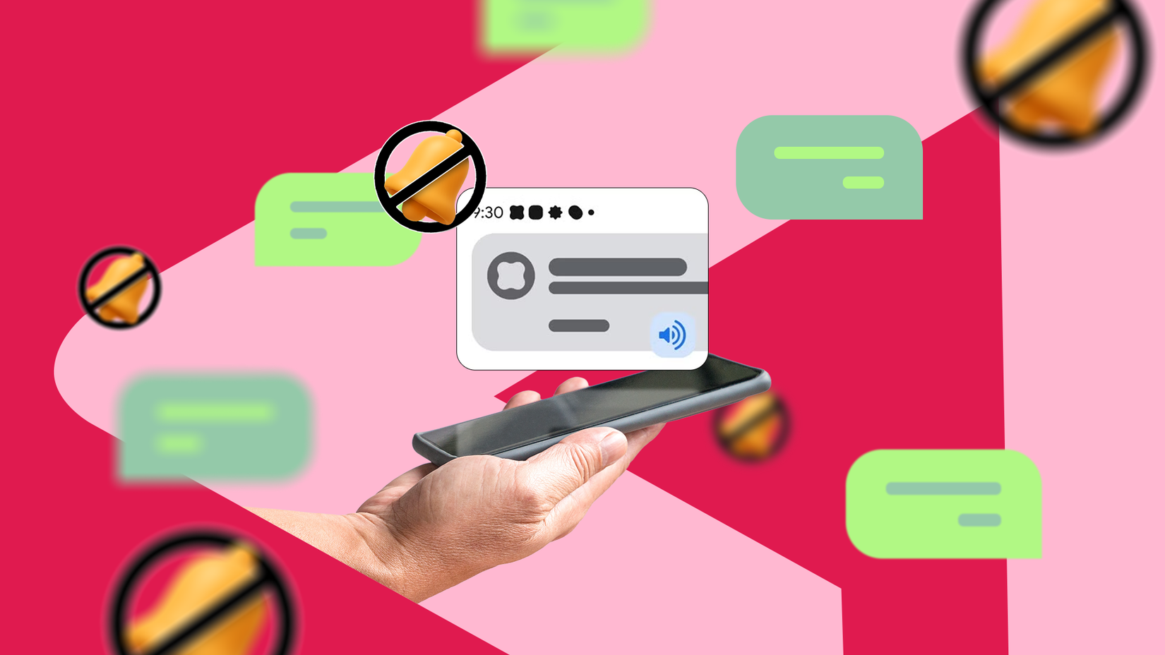 Uma mão segurando um smartphone cercado por sinos de notificação silenciados e bolhas de bate-papo flutuantes em um fundo vermelho.