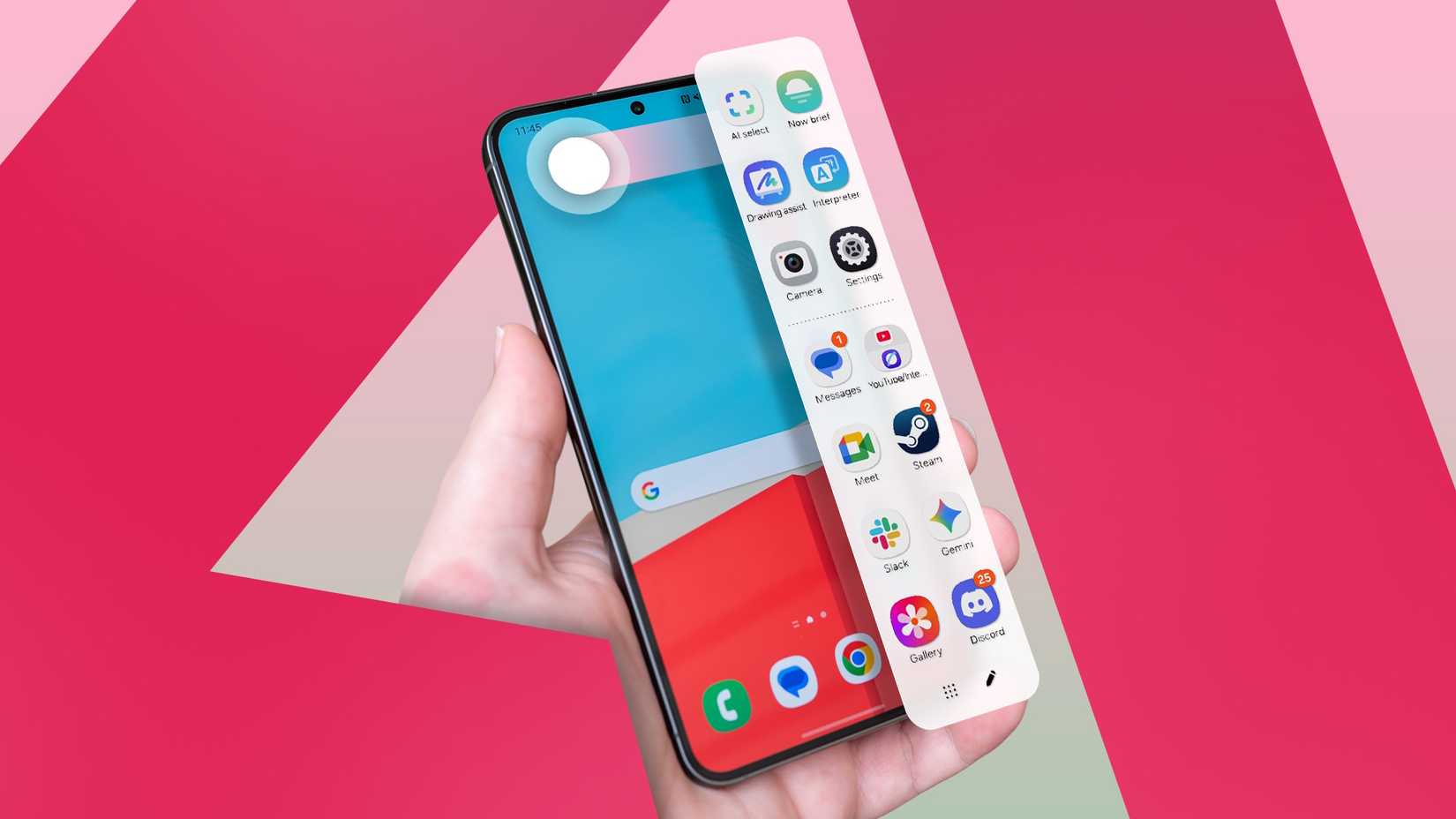 A hand holding a smartphone with Edge Panel opened.